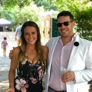 Dark blue floral jersey split maxi dress